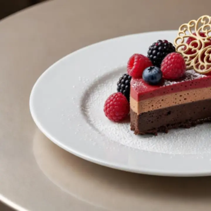 Gourmet desszert elegáns tálalásban, málnával és fehércsokoládéval