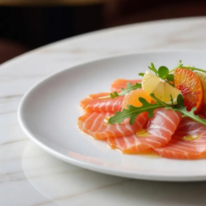 Gravlax lazac citrusos salátával, elegáns tányéron tálalva