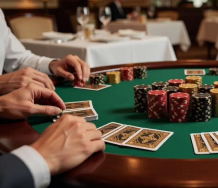 Elegánsan megvilágított, prémium pókerasztal Budapesten, fine dining környezetben